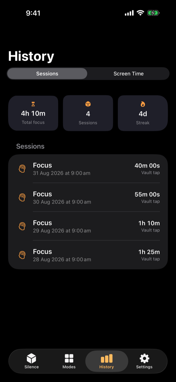 History tab: total focus time, session count, streak, session list