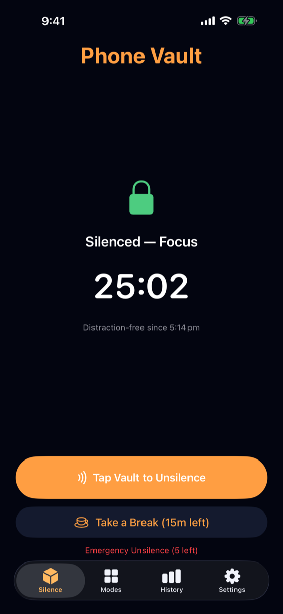 Active session: lock icon, elapsed timer, Tap Vault to Unsilence