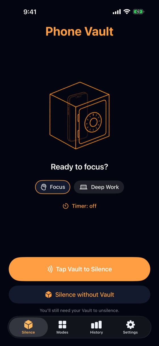 Home screen, idle: mode chips, timer choice, Tap Vault to Silence