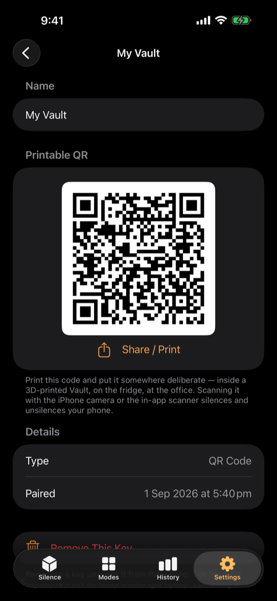Key detail: printable QR code with Share / Print