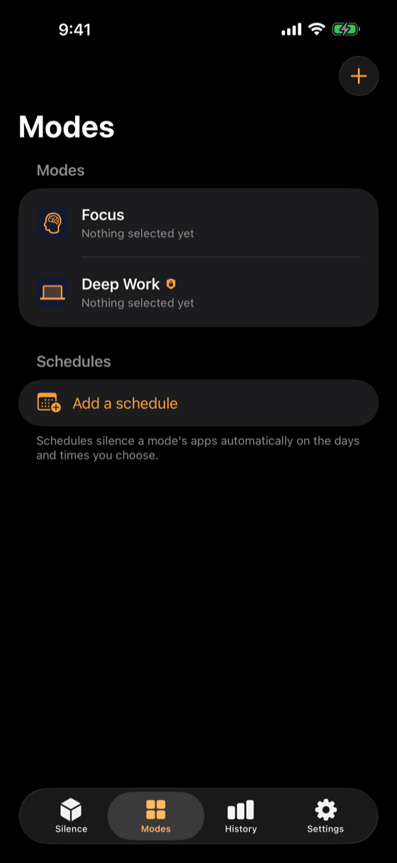 Modes list: Focus and Deep Work