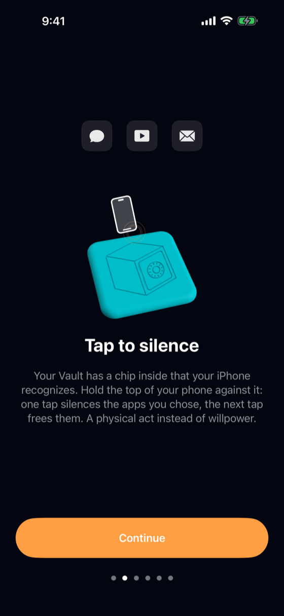 Illustration of an iPhone tapping a physical Vault